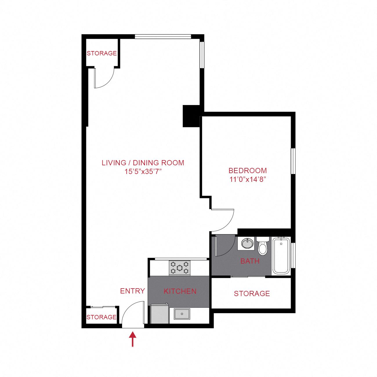 Floor plan for 1 bed, 1 bath, 885 sqft